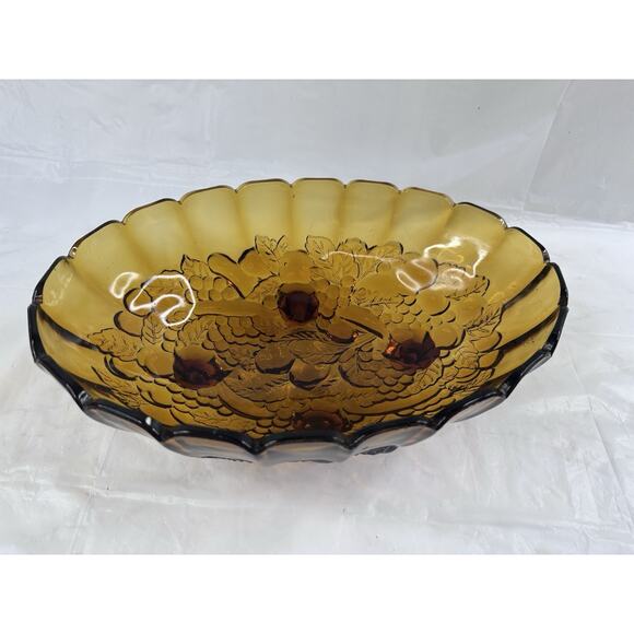 Indiana Glass Harvest Grape Carnival Fruit Bowl Oval Amber Footed MCM Vintage - Picture 4 of 10